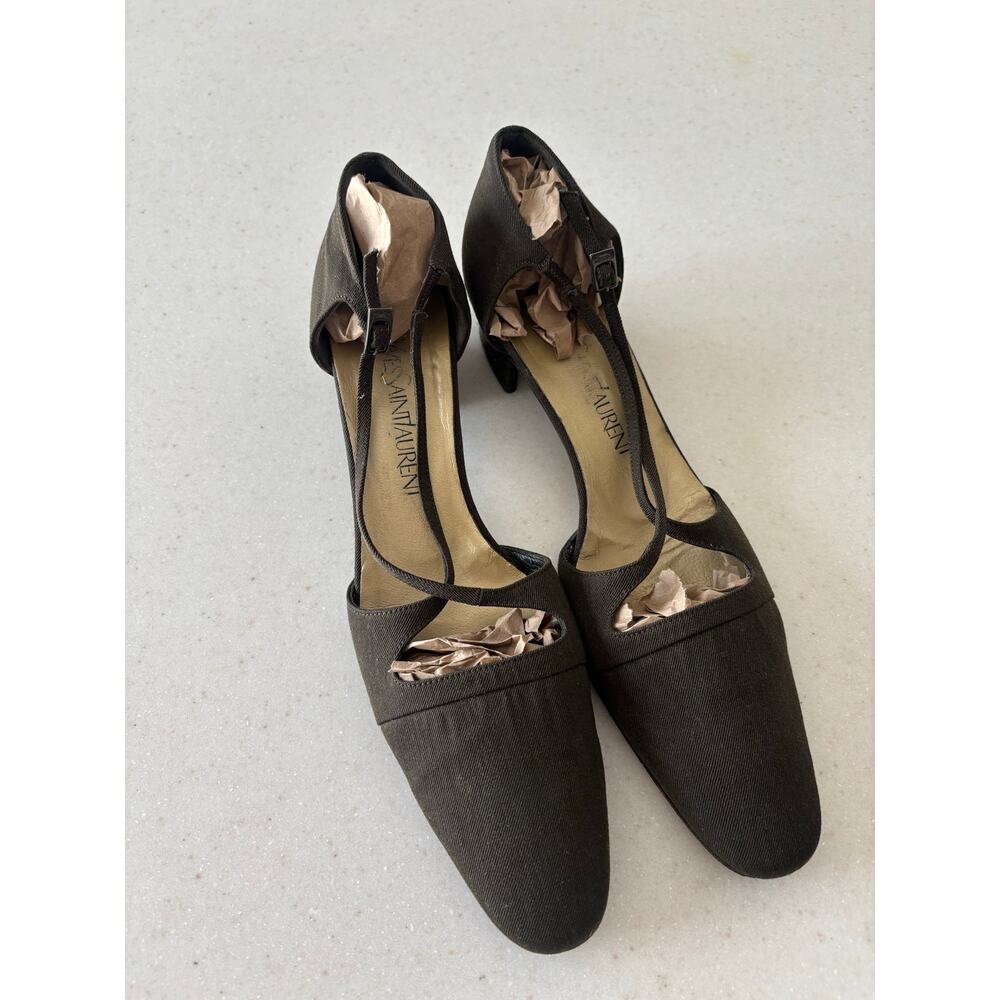 Vintage Yves Saint Laurent YSL Italy Canvas Peep Toe Slingback Heels Brown - Picture 3 of 9